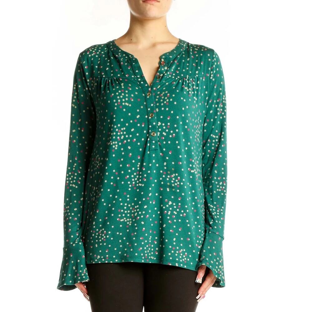 Boden US 4 Green Confetti Polka Dot V Neck Button Front Blouse Top